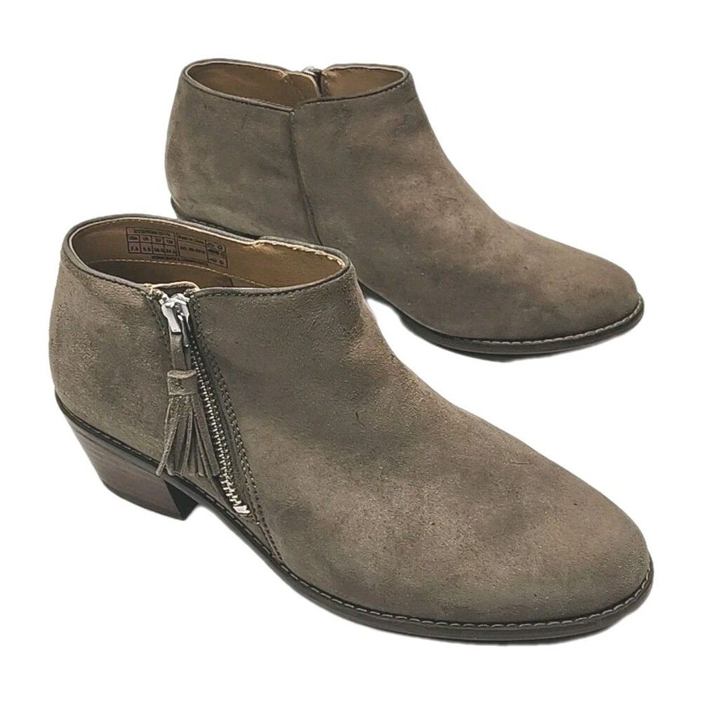Vionic Serena Ankle Boots Womens Size 7.5 Taupe Suede 1.75" Heel Side Zip Bootie